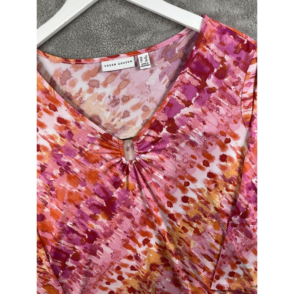 Susan Graver Top‎ Liquid Knit Sz 1X Pink White V-neck Minimalist Casual Normcore - Picture 2 of 6